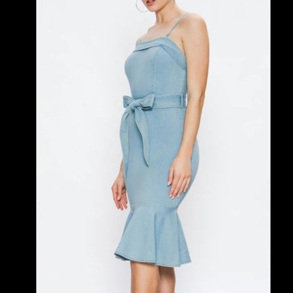 DENIM STRAP RUFFLE MIDI DRESS - Picture 1 of 2